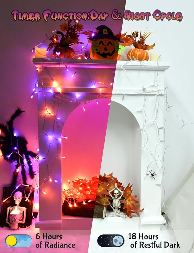 Halloween String Lights Battery Operated with Timer, Orange and Purple Fairy Lights Outdoor 9.8ft 30LED, Halloween Decorations for Party Yard Pathway Indoor Outdoor 2 Packs