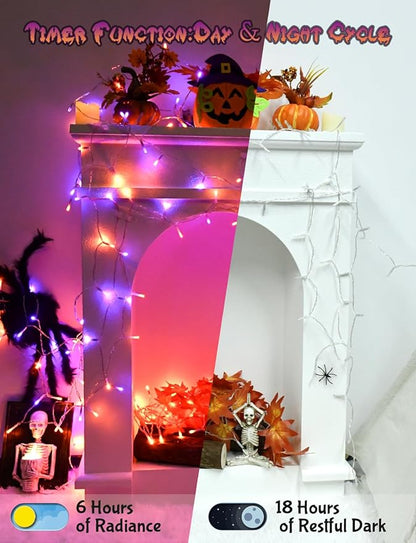 Halloween String Lights Battery Operated with Timer, Orange and Purple Fairy Lights Outdoor 9.8ft 30LED, Halloween Decorations for Party Yard Pathway Indoor Outdoor 2 Packs