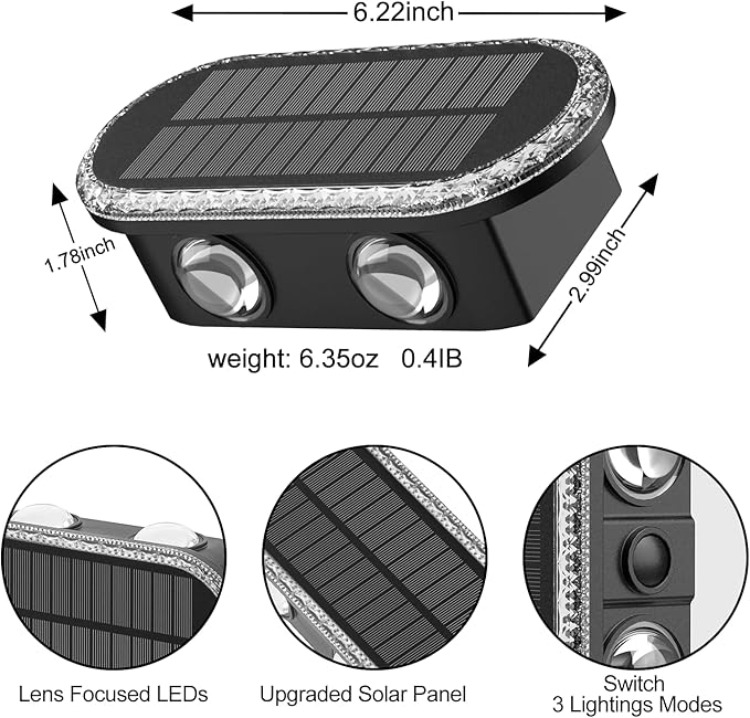 Fence Lights Solar Powered: Outdoor Wall Lighting IP65 Waterproof - Dual Focused LED Up Down - 3000K–6000K 3 Modes for Porch Backyard Patio - Diamond Crystal Cut Design 6 Pack