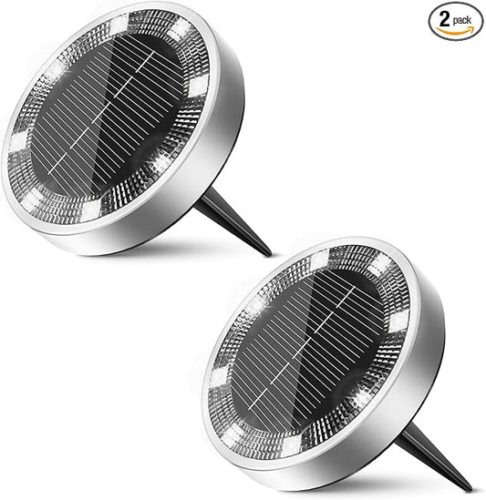 2 Pack Solar Ground Lights Outdoor, 8 LED Mini Flat Solar Disk Lights, IP65 Waterproof Anti-Rust Disc Light, Landscape Lighting for Garden Pathway Yard Walkway Driveway Lawn,Cool White