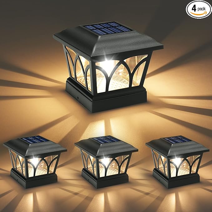 4-Pack Black Yard Post Cap Lights, Solar LED