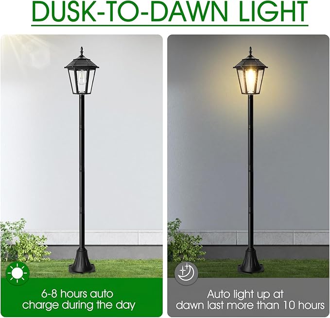 66" Metal Solar Lamp Post Light 50 Lumens, 2 Pack Solar Pole Light Outdoor Waterproof, Post Lighting Outside for Porch Yard Driveway Garden Patio Decor