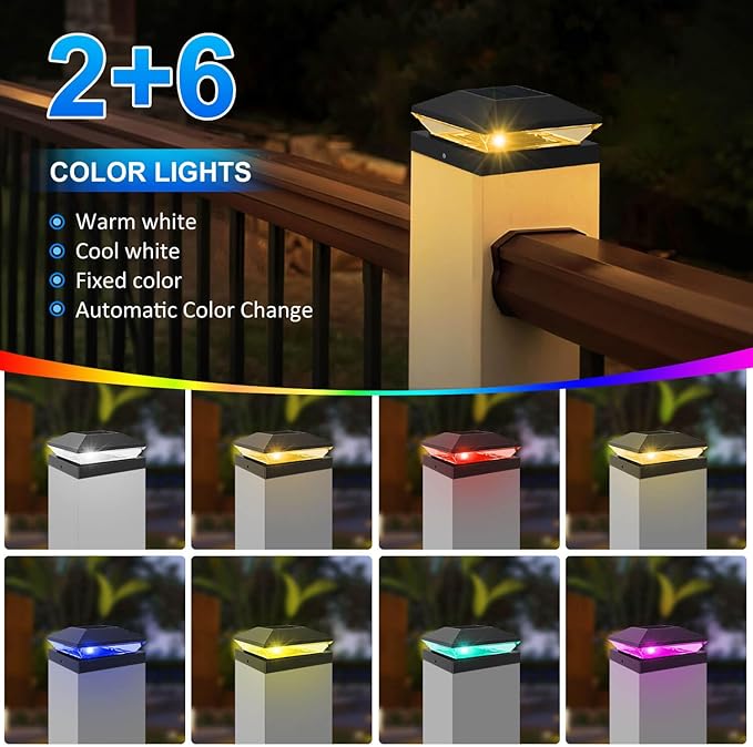 T-SUN Solar Post Cap Lights Outdoor 6 Pack, 2 Modes LED Fence Post Solar Lights Fit for 4x4 5x5 6x6 Vinyl/Wooden Posts, Waterproof Deck Post Lights Solar Powered for Garden Patio Gate Porch