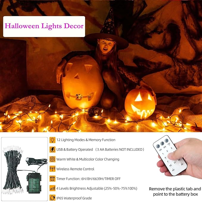 Tcamp Battery Operated Christmas Tree Lights with Remote Memory Timer Function, 33ft 100LED USB Christmas Lights 12 Lighting Modes for Christmas Outdoor Indoor Decor (Warm White to Multicolor)
