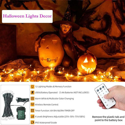 Tcamp Battery Operated Christmas Tree Lights with Remote Memory Timer Function, 33ft 100LED USB Christmas Lights 12 Lighting Modes for Christmas Outdoor Indoor Decor (Warm White to Multicolor)