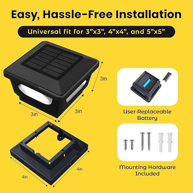 Brighticonic Solar Post Cap Lights Outdoor 4x4, 3x3 – Auto On/Off Post Lights Solar Powered - Easy Install IP65 Waterproof Deck & Fence Lights – Efficient 1500mAh Battery – 120 Lumen, Warm White 3000K