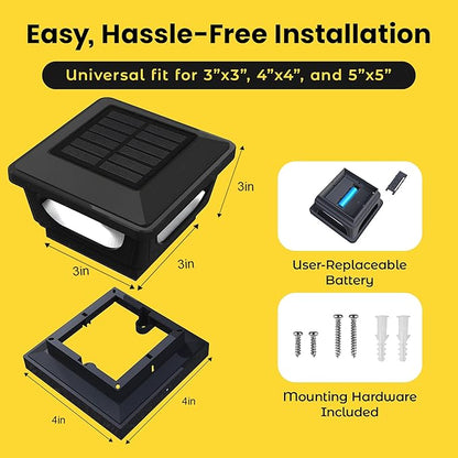 Brighticonic Solar Post Cap Lights Outdoor 4x4, 3x3 – Auto On/Off Post Lights Solar Powered - Easy Install IP65 Waterproof Deck & Fence Lights – Efficient 1500mAh Battery – 120 Lumen, Warm White 3000K