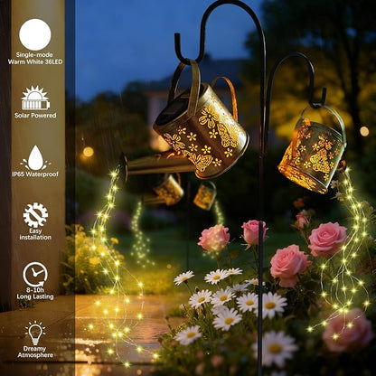 DDQ Solar Watering Can Lights, Warm White/Color LED with Shepherd Hook, IP65 Waterproof Metal Garden Decor, Auto On/Off for Patio Backyard for Mom Family Holidays Gift
