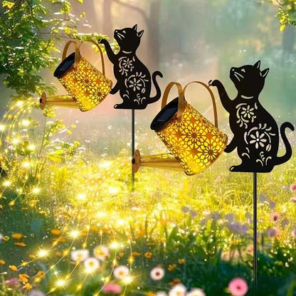 Christmas Gifts Solar Lights Outdoor Decorative, Watering Can with Cascading Lights, with Cat Silhouette Garden Stakes, Waterproof Metal Garden Decor for Yard Art, Outside, Patio, Lawn 2PACK