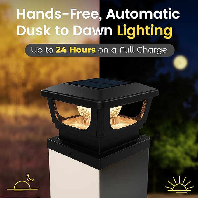 Brighticonic Solar Post Cap Lights Outdoor 4x4, 3x3 – Auto On/Off Post Lights Solar Powered - Easy Install IP65 Waterproof Deck & Fence Lights – Efficient 1500mAh Battery – 120 Lumen, Warm White 3000K