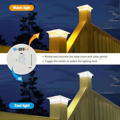 Solar Post Cap Lights Outdoor 8pack, Waterproof Solar Powered Deck Fence Post Lights for 4x4 Wood/Vinyl Posts, Solar Outdoor LED Light with Cool/Warm Lighting (White, 8pack)