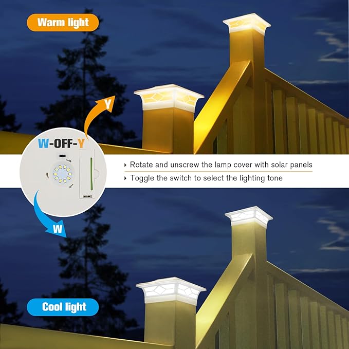 Solar Fence Post Lights 6pack, Cap Lights for 4x4/5x5 Vinyl Fence and 4x4/6x6 Wooden Post, Warm White/Cool White Lighting, White Solar Cap Outdoor Waterproof Decorate Garden Pathway Dcek Patio