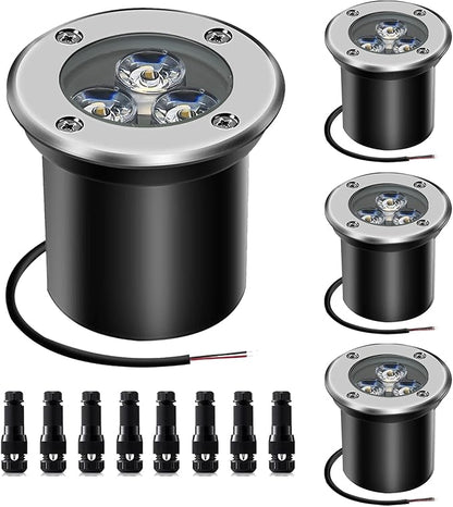Low Voltage In-ground Lights LED Well Light Landscape Light with Connectors 3W 12V 24V Waterproof IP67 Pathway Lights Outdoor spotlights Trees Flags for Garden,Yard,Tree (Cool White)