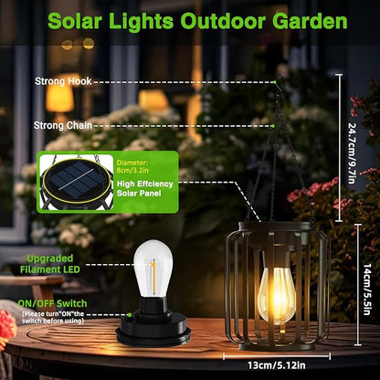 2 Pack Solar Lanterns Outdoor Waterproof, Upgraded Metal LED Lanterns, Warm Light, Auto On/Off, Brighter Hanging Solar Lantern for Yard Patio Pathway Porch Garden Decor (Columnar)