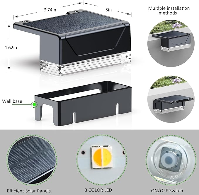 Solar Fence Lights Outdoor - 3000/4000/6000K 3 Mode, IP65 Waterproof Fence Lights Solar Powered, Dusk to Dawn Solar Light for Outside, Backyard/Step/Patio/Deck/Stair Railings and Wall (8 pack)