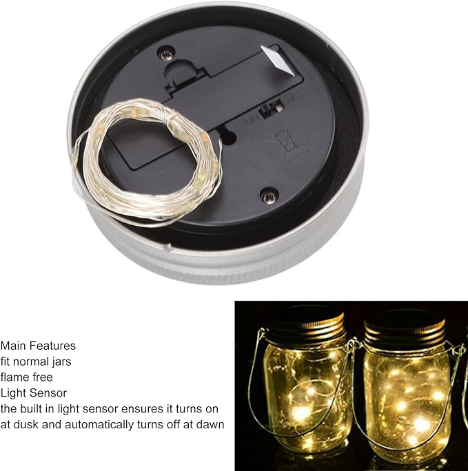 Solar Mason Jar Lid, 20 LED 6.6 Feet Waterproof Fairy Star Firefly Jar Cap String Lights Cap for Mason Jar Patio Garden Wedding Lantern