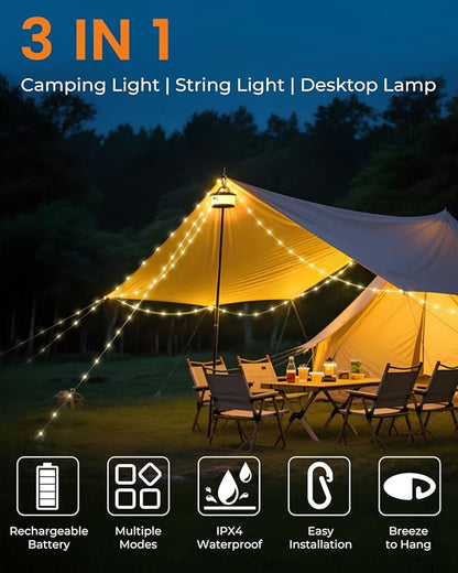Camping String Lights, Retractable 32.8ft RGB Flash Lamp, Rechargeable LED Fairy Lights Outdoor Waterproof, Portable Hanging Lantern for Outside Tent Patio Awning Garden RV Essentials