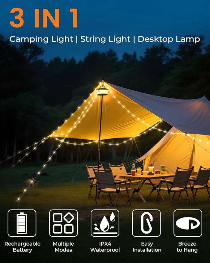 Camping String Lights, Retractable 32.8ft RGB Flash Lamp, Rechargeable Fairy LED Rope Lights Outdoor Waterproof, Portable Hanging Lantern for Outside Tent Patio Awning Garden RV Essentials