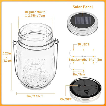 GIGALUMI Solar Mason Jar Lights, 8 Pack 30 Led String Fairy Lights Garden Lights Outdoor Waterproof Metal Lid Hanging Solar Lanterns for Outdoor, Garden, Patio, Lawn, Balcony Decoration