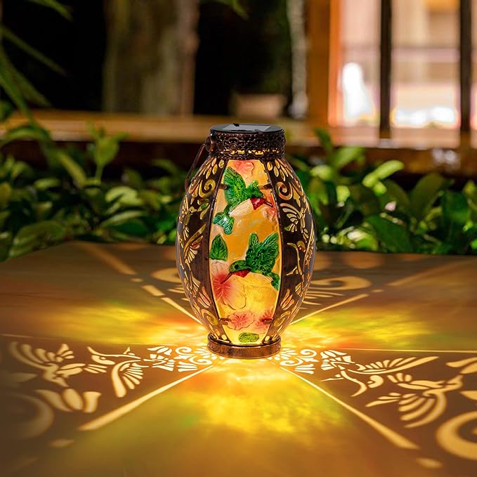 Hanging Solar Lantern Outdoor Waterproof Glass Solar Hummingbird Flickering Flame LED Garden Light Metal Hollowed-Out Table Lamp Garden Decoration for Yard Patio Pathway Tabletop Tree