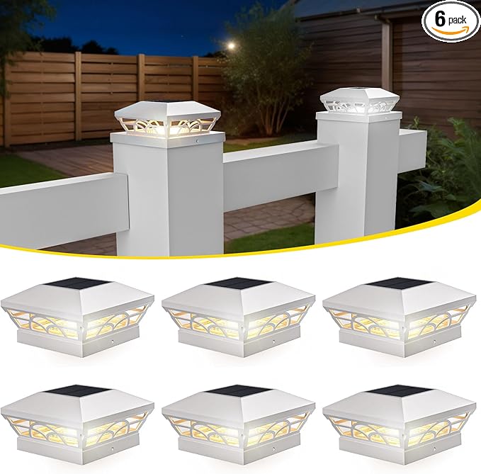 T-SUN Solar Post Cap Lights 6 Pack – Outdoor Waterproof Fence Lights for 3.5x3.5 4x4 5x5 5.5x5.5 Wood/Vinyl Posts, with 2 Brightness Modes Solar Deck Light for Patio, Garden, Porch(White)