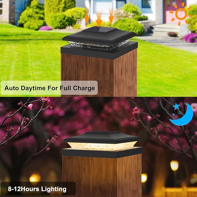12 Pack Solar Post Cap Lights Outdoor, 2 Modes (Warm/White Light) Black Fence Post Solar Powered Lights Waterproof for 5x5, 5.5x5.5, 6x6 Wooden/Vinyl Posts Decorate Garden Deck Patio Porch