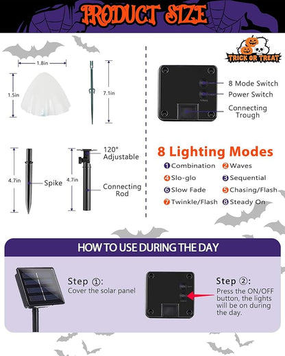 OZS 2PK 55FT 32LED Halloween Orange Purple and Green Solar Mushroom Lights Outdoor, Solar String Light with 8 Lighting Modes Auto On/Off, Halloween Garden Lights for Witch Decorations