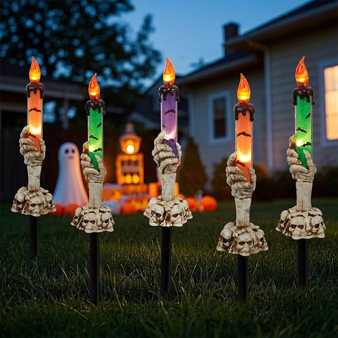 Halloween Candle Light Stakes, 5 Pack Skeleton Hands Hold Lighted Candle Pathway Makers, Waterproof Battery Operated with Timer, Light Up Figurine for Indoor Outdoor Holiday Party