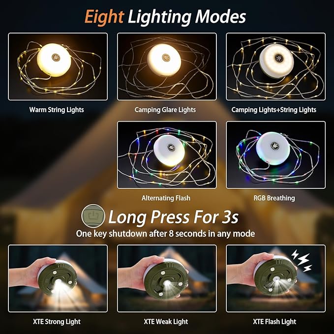 Camping String Lights, 4 in 1 Portable Camping Light Rechargeable, 8 Lighting Modes, USB Charging, Quick Storage, 32.8FT Waterproof Tent Lights String for Camping, Hiking, Yard, Christmas