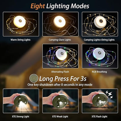 2-Pack Camping String Lights, 4 in 1 Portable Camping Light Rechargeable, 8 Lighting Modes, USB Charging, Quick Storage, 32.8FT Waterproof Tent Lights String for Camping, Hiking, Yard, Christmas