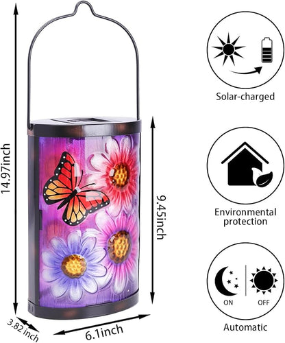 Hanging Solar Lantern Outdoor Waterproof Flowers Butterfly Solar Lights Glass Tabletop Decorative Lamp for Outdoor Patio Garden Outside Yard Decor