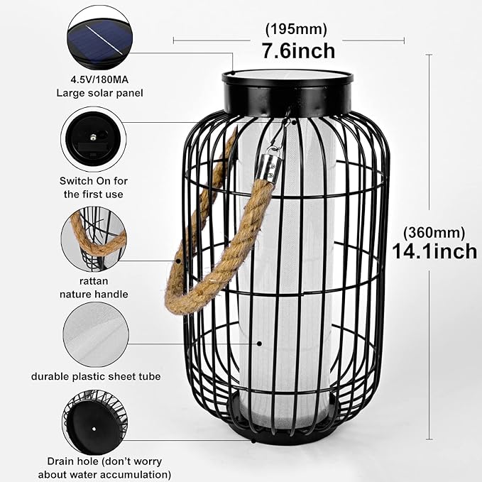 Large Outdoor Solar Lanterns Hanging Light Waterproof LED Garden Lights solar powered Retro Metal Auto On Off Table Lamp for Garden Patio Porch Lawn Pathway Walkway Tabletop Decorative(Black)
