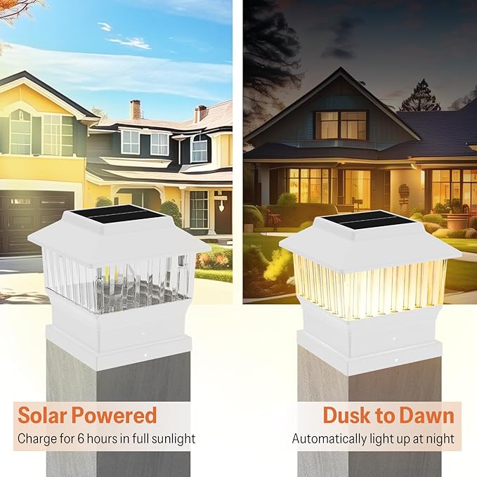 6 Pack Solar Post Cap Lights - Modern #2: Fits True 4x4 Vinyl & 5x5 Wood Posts, Bulk Savings, 3 Color Temp, 50 Lumen Waterproof Outdoor Lights for Deck Fence, Elegant White
