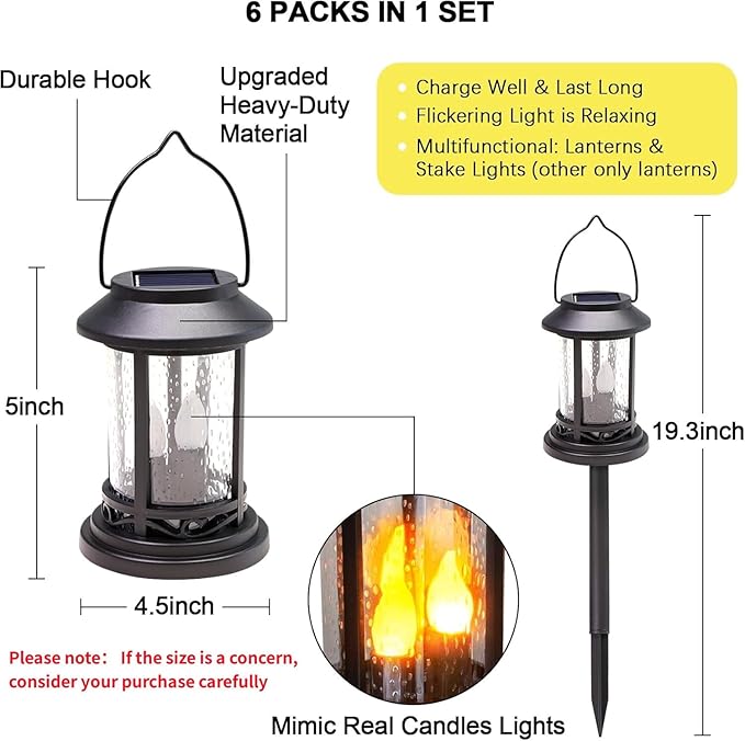 Beautyard 6 Packs Outdoor Solar Candles Lights Flickering Decorative Lantern Stake Lighting for Garden, Backyard, Lawn, Pathway, Patio Accessories and Decor ( Small 6 Pack , Black )…