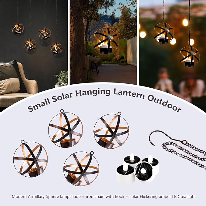 Solar Lanterns Outdoor Waterproof, 4 Pack Hanging Tea Lights with Candle Holder, Small Solar Chandelier for Trees, Patio, Backyard, Garden, Porch, Balcony Decorative (Armillary)