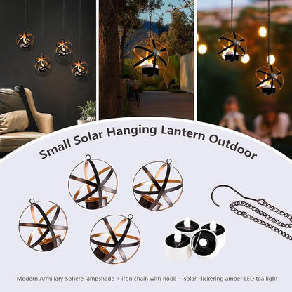 Solar Lanterns Outdoor Waterproof, 4 Pack Hanging Tea Lights with Candle Holder, Small Solar Chandelier for Trees, Patio, Backyard, Garden, Porch, Balcony Decorative (Armillary)