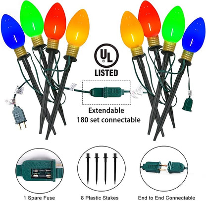 Jumbo C9 LED Christmas Pathway Lights Outdoor, 2 Pack 7 Ft Jumbo Christmas Lights with Pathway Marker Stakes, 8 Giant Multicolor Bulbs Outdoor Holiday Decorations for Lawn Yard Garden