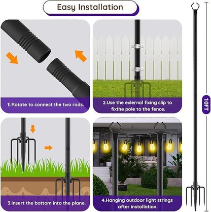 zoegi 6 Pack 10 Ft String Light Poles,Light Poles for Outside Lights with Fork,Outdoor Brackets Hanging Lights,Metal Stand for Deck Patio,Backyard,Wedding,Deck,Party