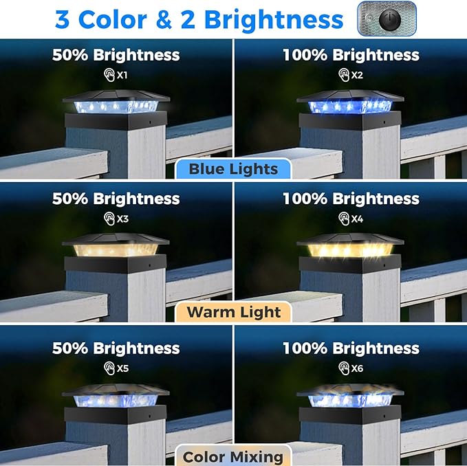 Peasur 4 Packs 4x4 Solar Post Lights Outdoor, Blue & Warm White LED Fence Caps Light Waterproof, Wood & Vinyl Post Top Lighting for Deck Mailbox Railing Porch Outside