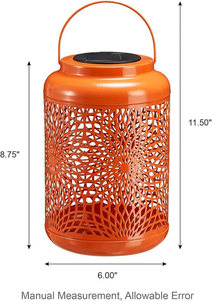 Glitzhome Solar Lantern Orange Metal Cutout Scrollwork Outdoor Hanging Solar Light with Handle for Garden Patio Yard Outdoor Decor