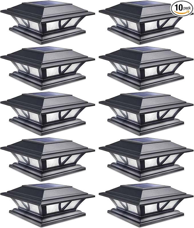 10-Pack 2-Mode Warm White Deck Post Cap Lights, Solar LED
