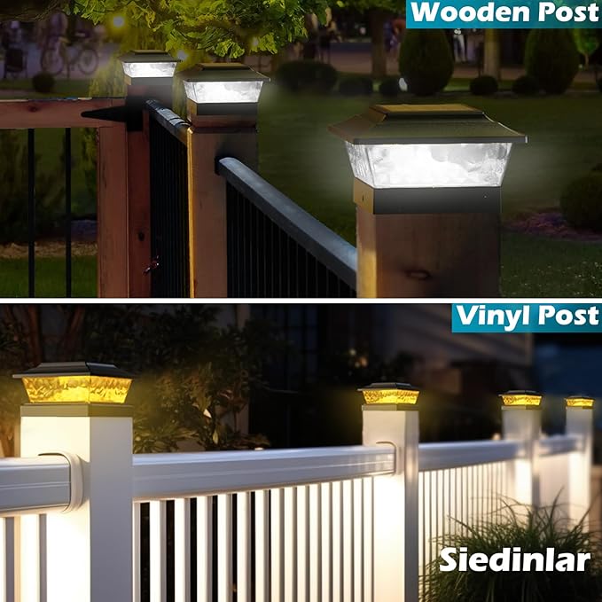 SIEDiNLAR Solar Post Lights Outdoor 12 LEDs 4 Modes Post Cap Light for 4x4 5x5 6x6 Vinyl Wooden Deck Fence Posts Patio Garden Decor, Warm/Cool White Dynamic Lighting (6 Pack, Black)