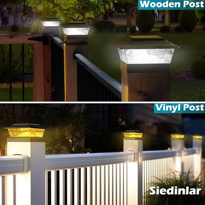 SIEDiNLAR Solar Post Lights Outdoor 12 LEDs 4 Modes Post Cap Light for 4x4 5x5 6x6 Wooden Vinyl Deck Fence Posts Patio Garden Decor, Warm/Cool White Dynamic Lighting (2 Pack, Black)