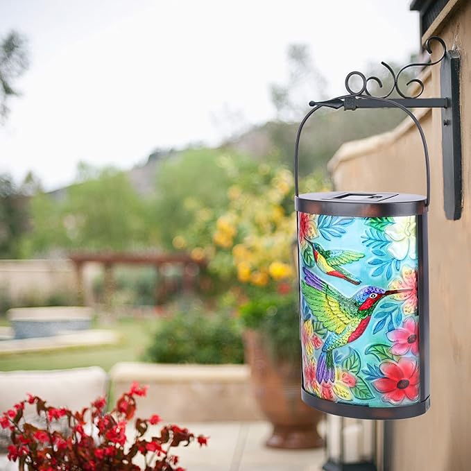 Afirst Solar Lantern Outdoor Hanging Glass Peacock Lights Waterproof Solar Lamp for Garden Yard Tree Desk Decor