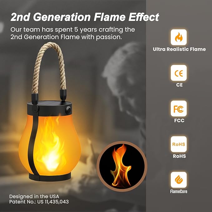 Hompavo Gen2 Solar Lanterns Outdoor with Ultra-Real Flame, Dual Charging (USB/Solar) & 2 Modes - Waterproof Decorative Hanging/Table Lights for Yard Patio Garden Gift Halloween Christmas Decoration, 2