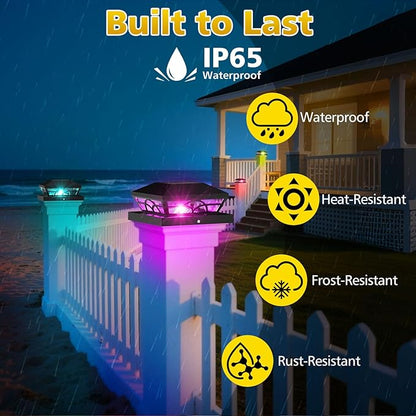 T-SUN Solar Post Cap Lights 6 Pack – Outdoor Waterproof RGB Color Changing Light for 3.5x3.5 4x4 5x5 5.5x5.5 Wood/Vinyl Fence Posts, Solar Deck Lights for Patio, Garden, Porch