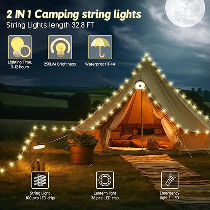 Camping String Lights, Rechargeable Tent Lights String with 8 Lighting Modes, Camping Essentials Gear 32.8FT Lamp Light, Rechargeable Waterproof LED Light for Tent Yard Garden Hiking Decor 2 Pack