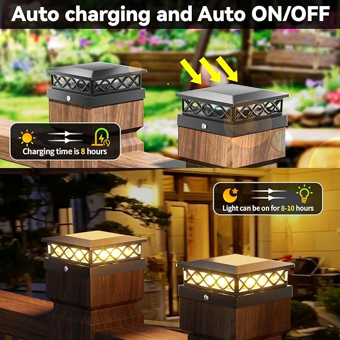 4 Packs Solar Post Cap Lights for Fence and Deck – Auto On/Off Outdoor Lighting, 2 Color Modes with 16 LEDs, Fits 4x4 5x5 6x6 Posts (Black)