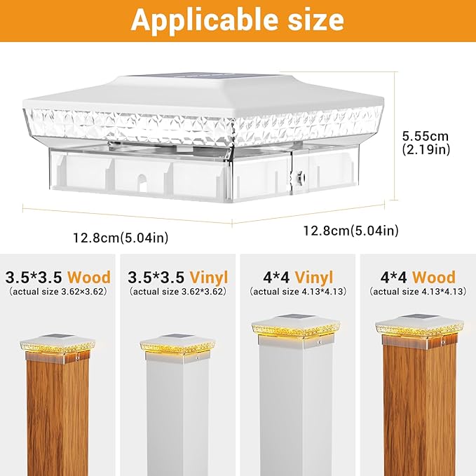 btfarm 4 Pack Solar Post Cap Lights Outdoor, 2 Mode 16 LED Fence Post Light Fit 4x4 3.5x3.5 Wooden/Vinyl, Waterproof Bright Solar Powered Lights Outside for Deck Patio Porch Garden Decoration, White