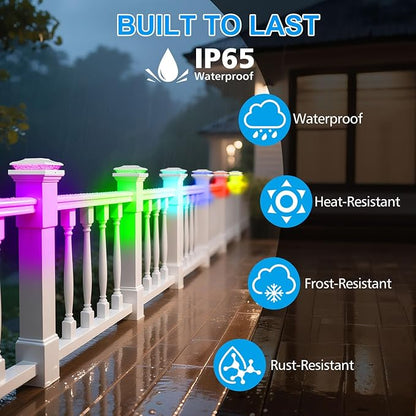 Solar Post Cap Lights Outdoor with RGB Color Changing - 6 Pack White Fence Post Solar Powered Lights IP65 Waterproof Fits for 5x5 5.5x5.5 Vinyl Posts, Decorating Yard Deck Fence Patio